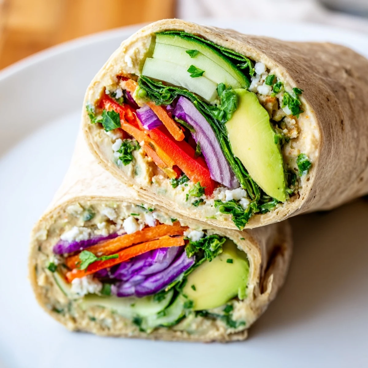 Whole wheat tortilla rolled with creamy hummus and crisp bell peppers cucumber spinach