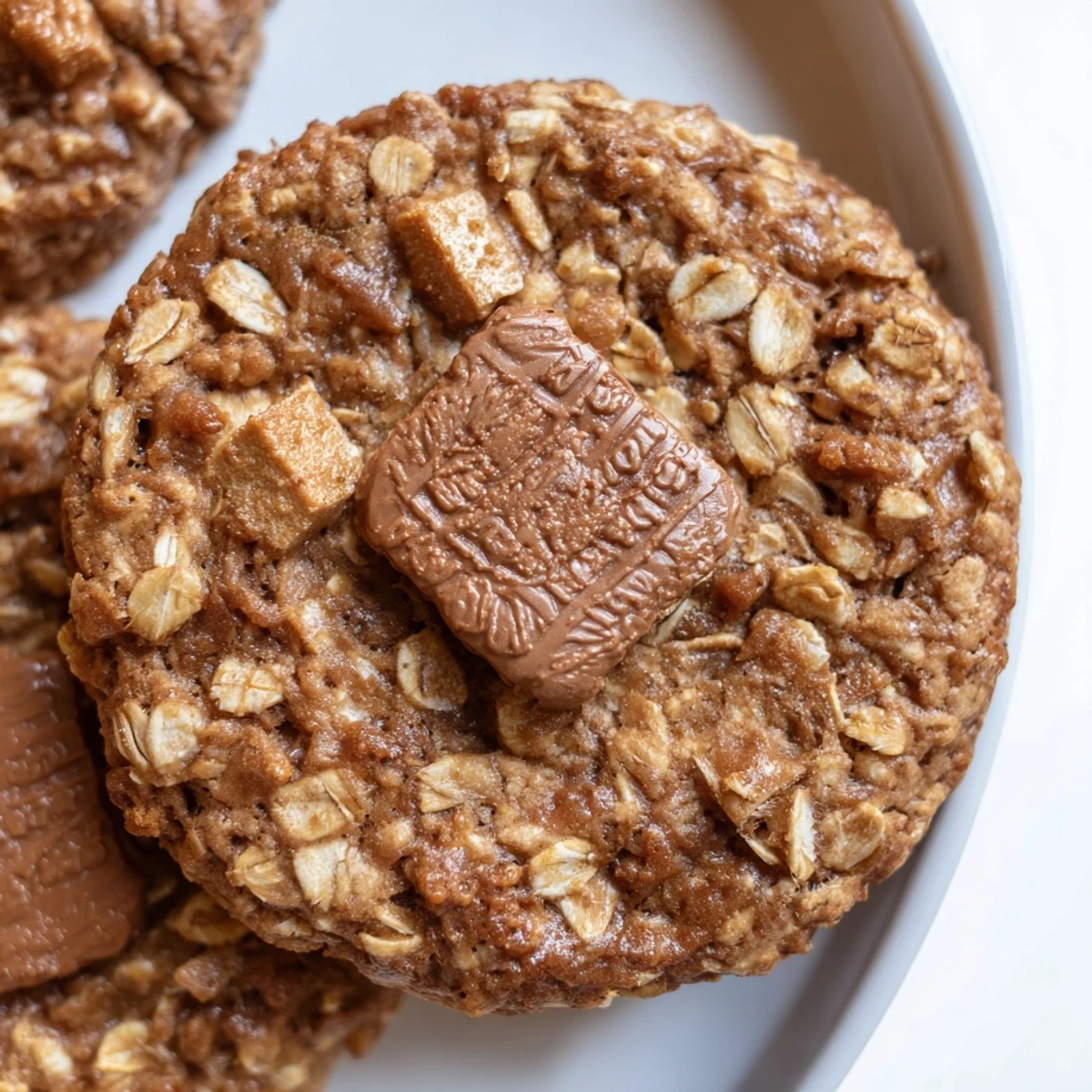 Golden brown Biscoff oatmeal Lotus cookies stacked on a wooden board with caramelized edges