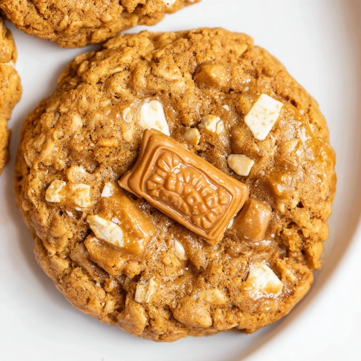Chewy Biscoff oatmeal cookies topped with crushed Lotus biscuits on a white plate