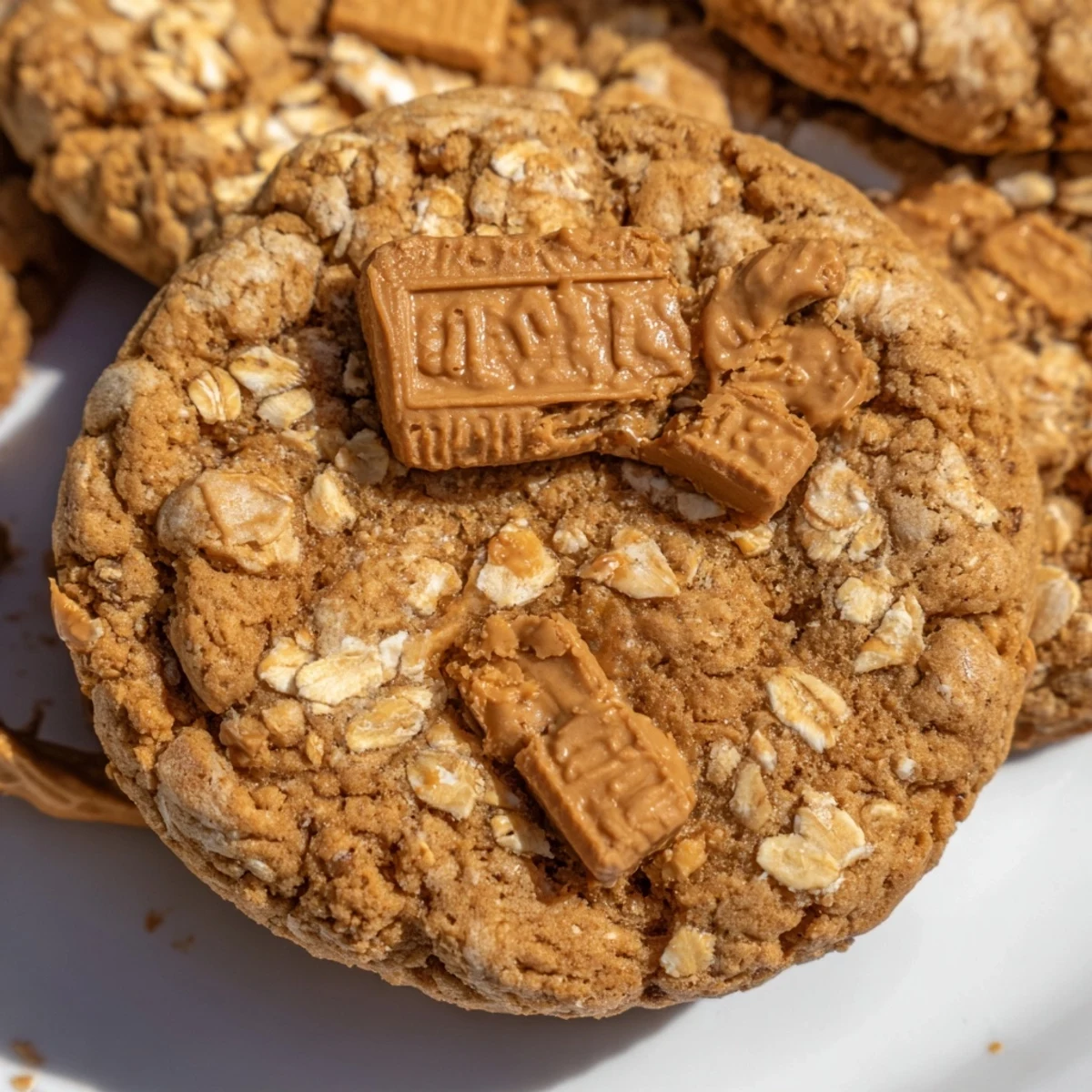 Freshly baked Biscoff oatmeal Lotus cookies featuring melted chunks and crispy golden textures
