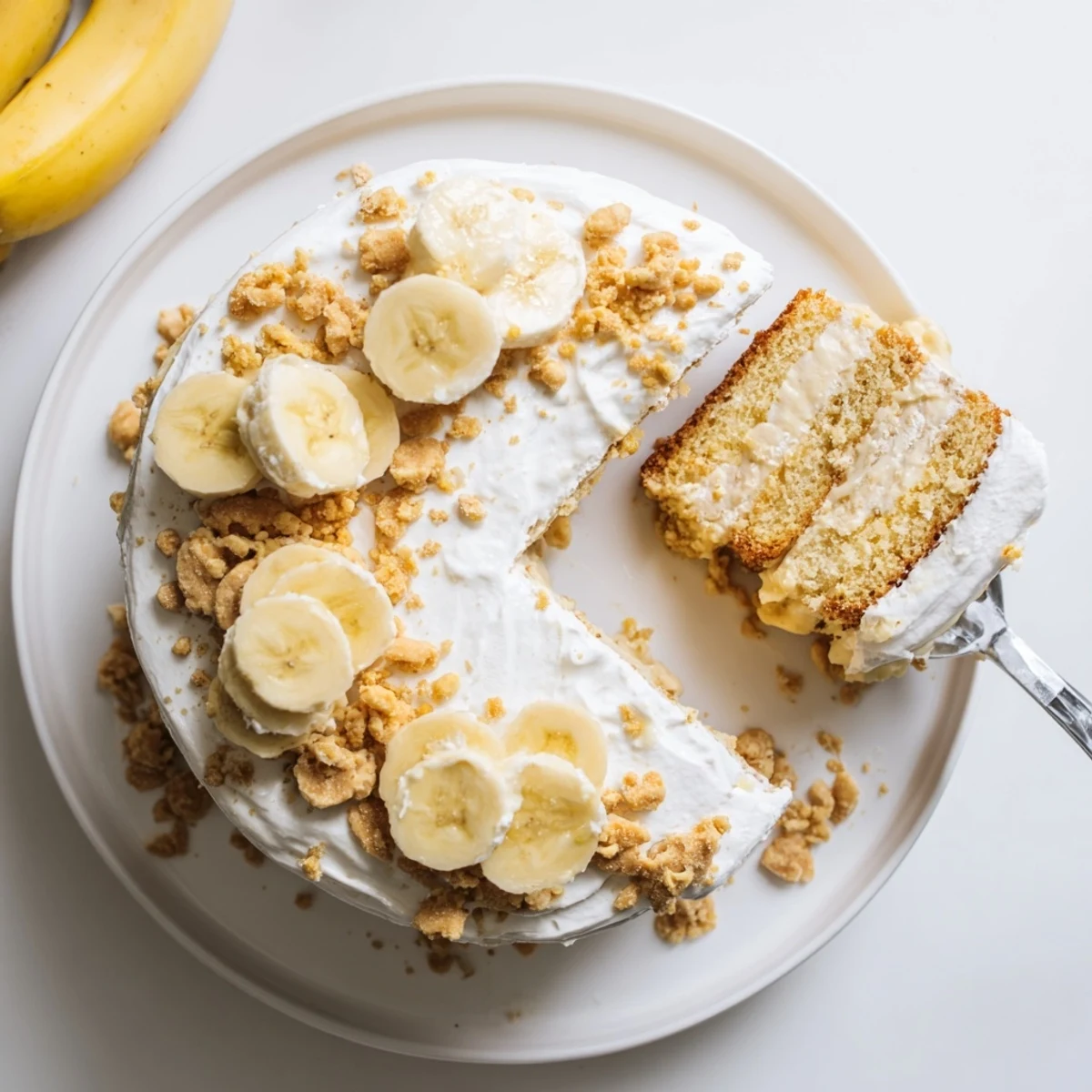Golden banana pudding cake slice revealing pudding layers fresh banana slices and crushed vanilla wafers