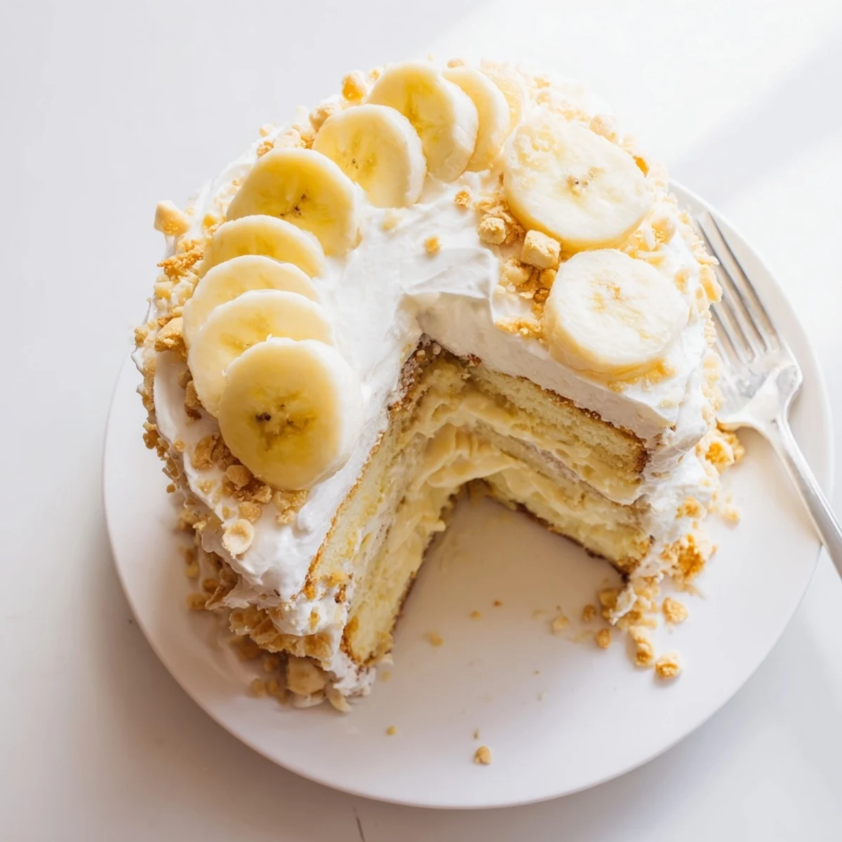Moist banana pudding cake layered with creamy vanilla filling and topped with fluffy whipped cream