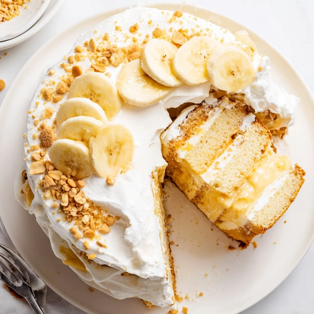 Decadent stacked banana pudding cake drizzled with cream and garnished with banana rounds and wafer crumbs