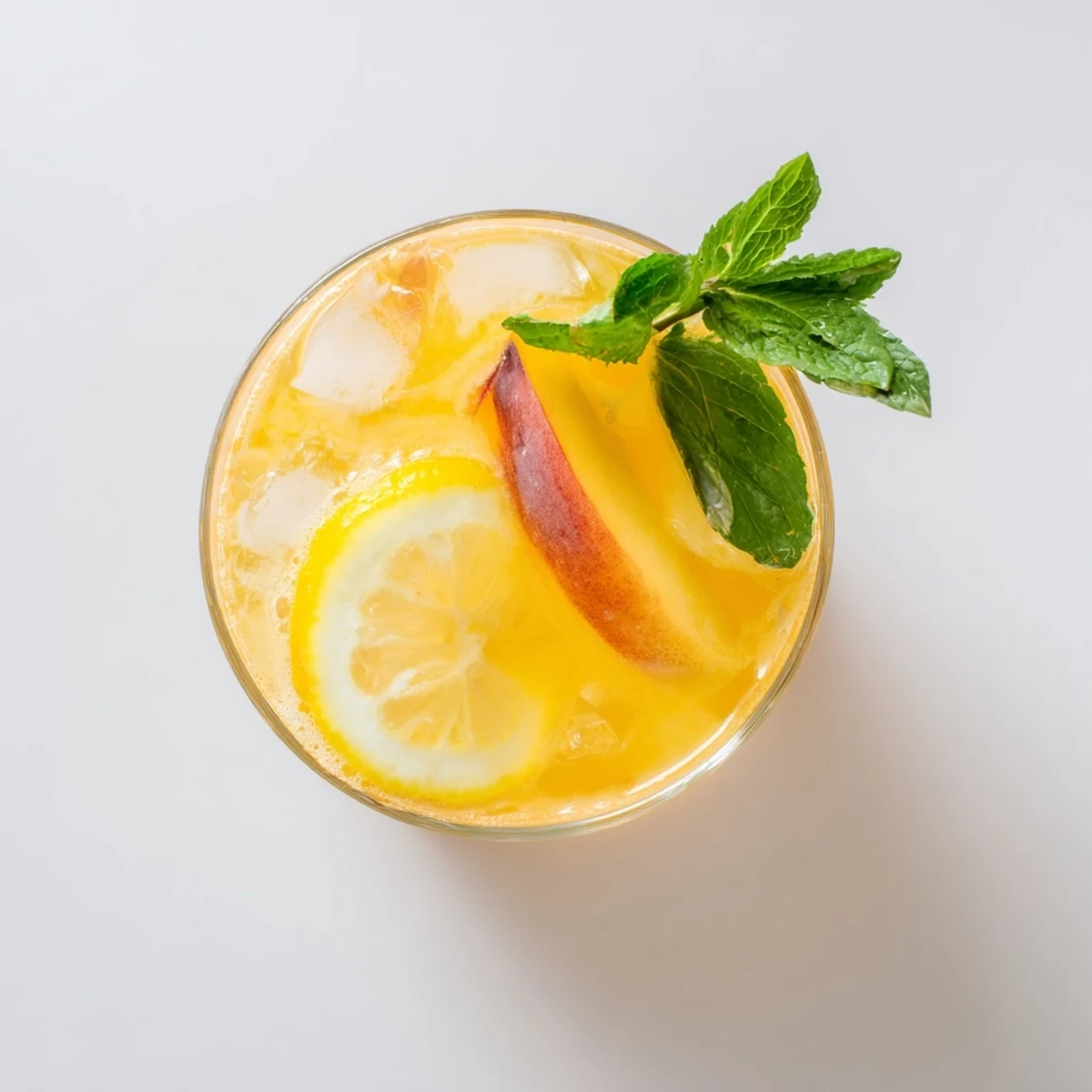 Golden fresh peach lemonade with ice cubes garnished with peach slices and mint leaves