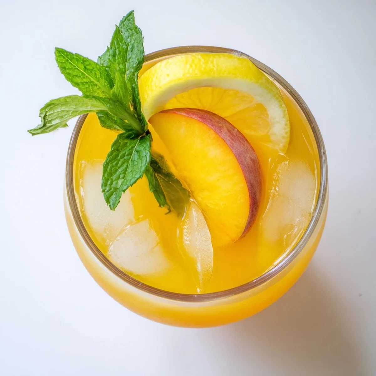 Tall glass of refreshing peach lemonade drink featuring lemon wheels on a sunny patio table