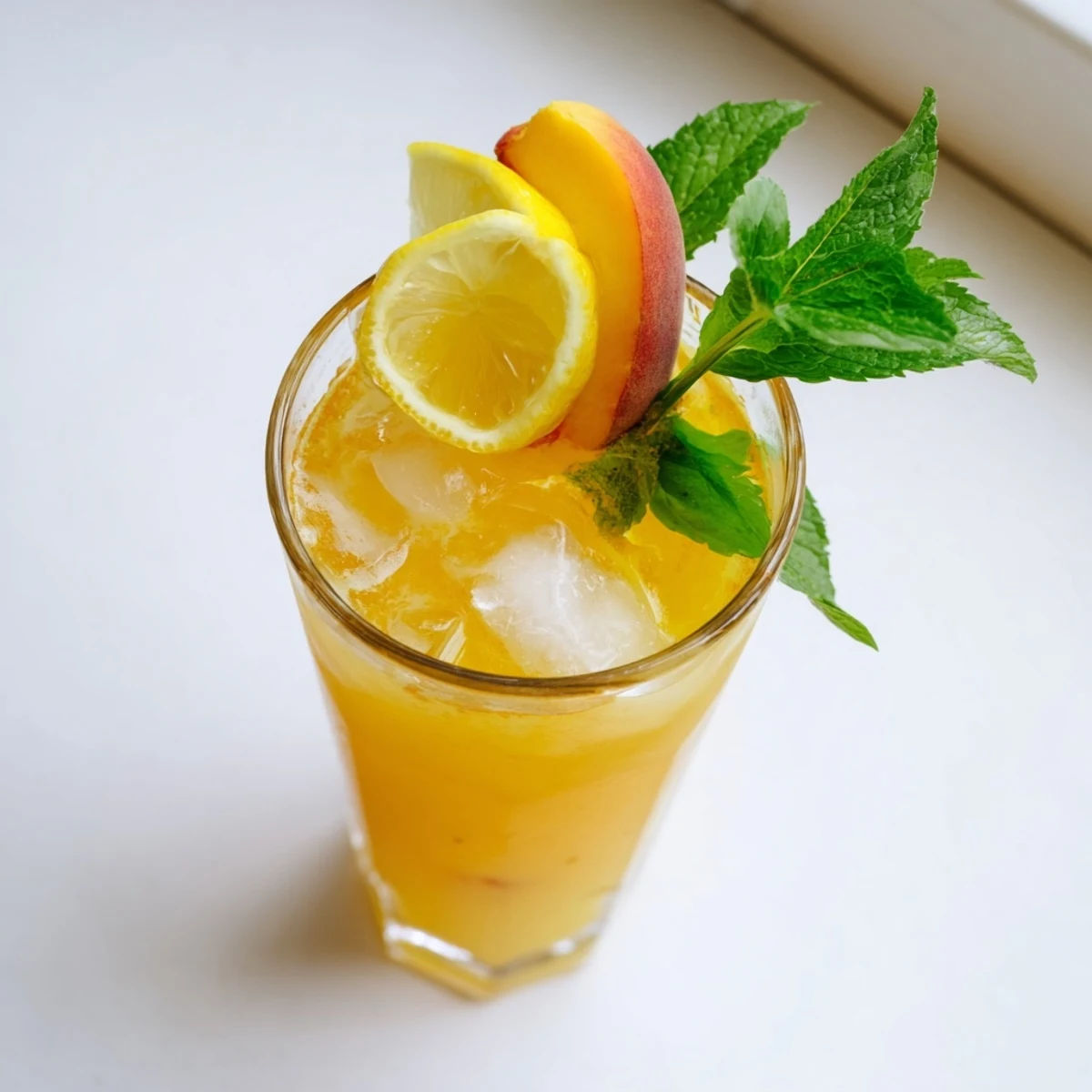 Vibrant summer beverage pitcher filled with peach lemonade and fresh fruit garnish for outdoor entertaining
