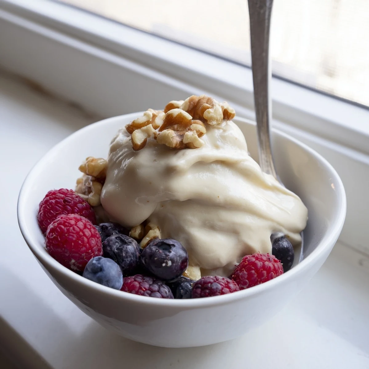 Creamy banana nice cream recipe swirled in a bowl with fresh berry toppings and chopped nuts