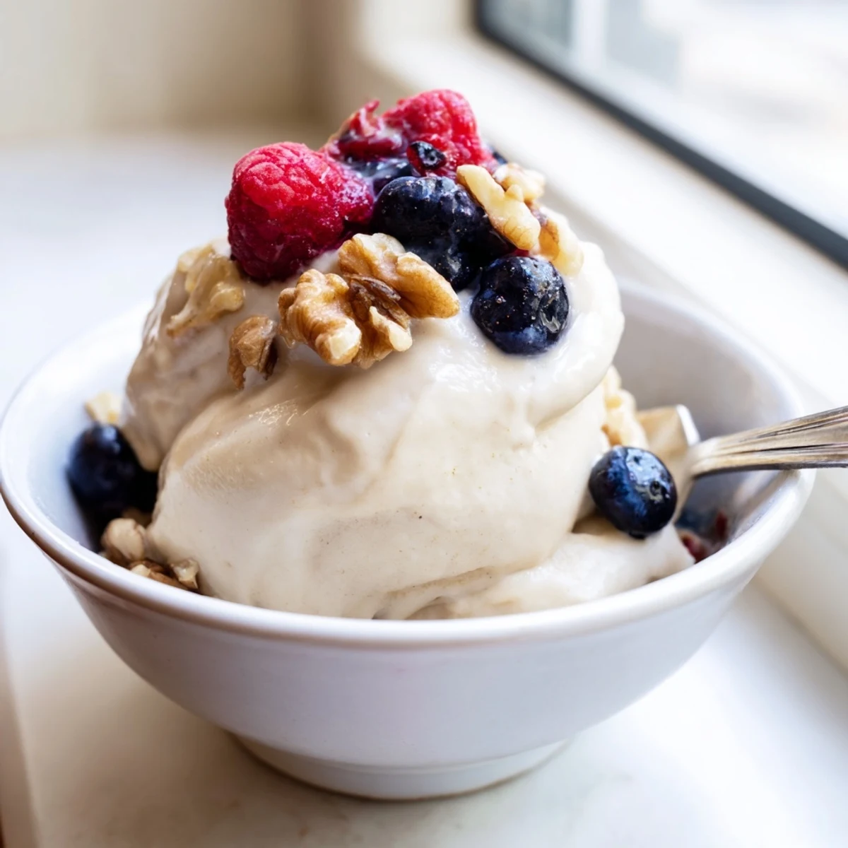 Dairy-free banana nice cream recipe served in a glass with chocolate chips and coconut flakes