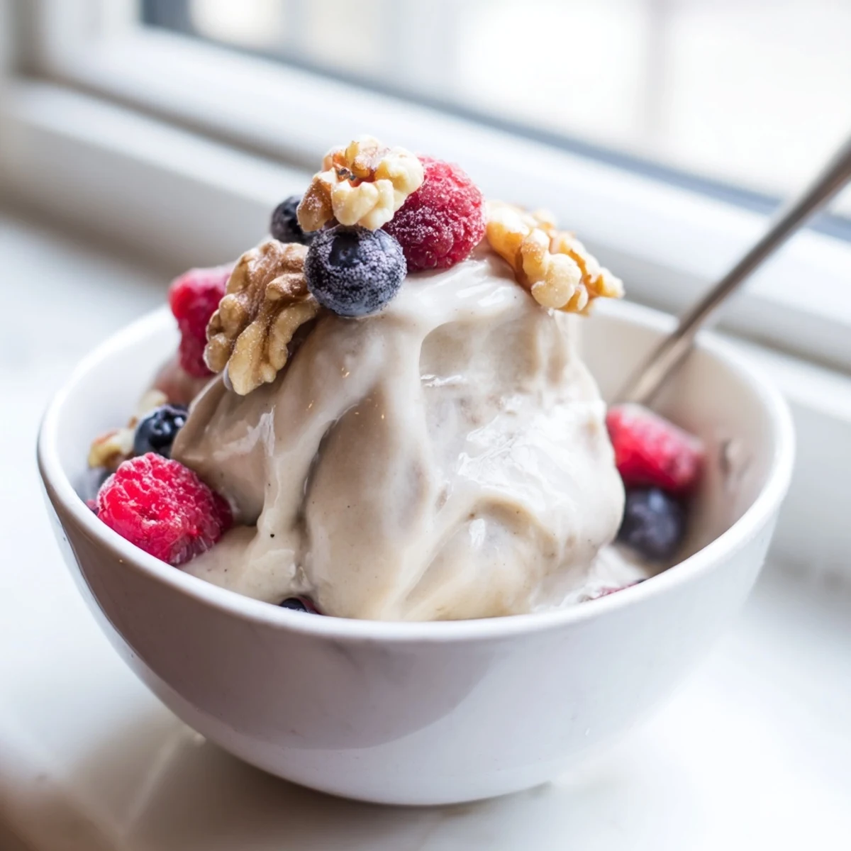 Smooth banana nice cream recipe scooped into bowls featuring drizzled honey and granola sprinkles