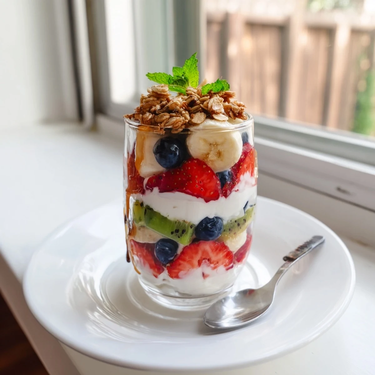 Layered yogurt parfait recipe with honey and colorful fresh fruits in clear glass