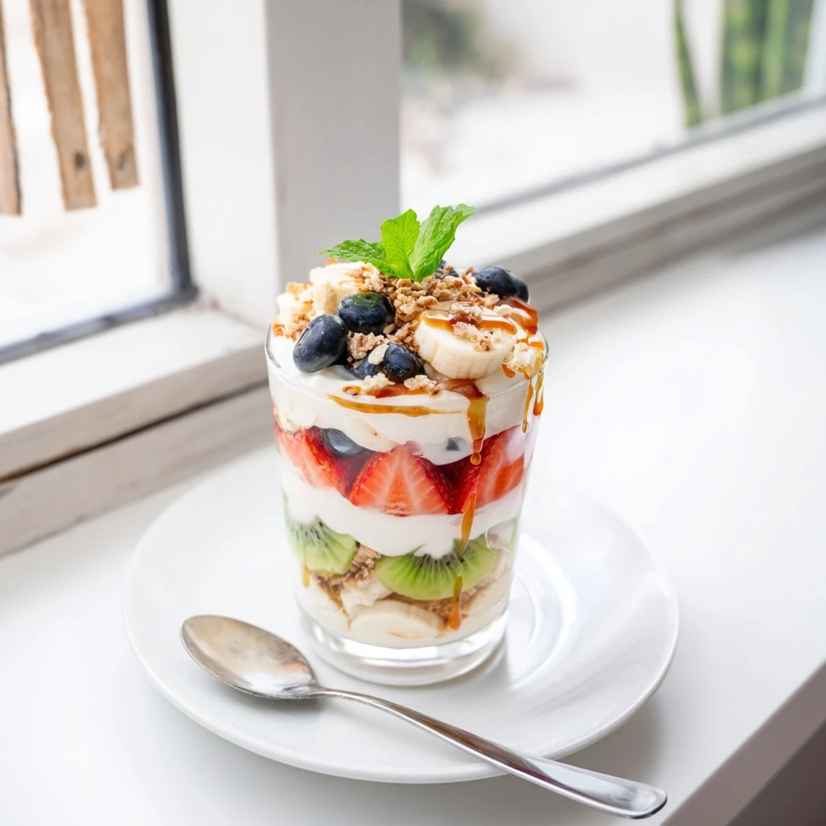 Creamy Greek yogurt parfait recipe topped with sliced strawberries, blueberries, and sweet honey drizzle