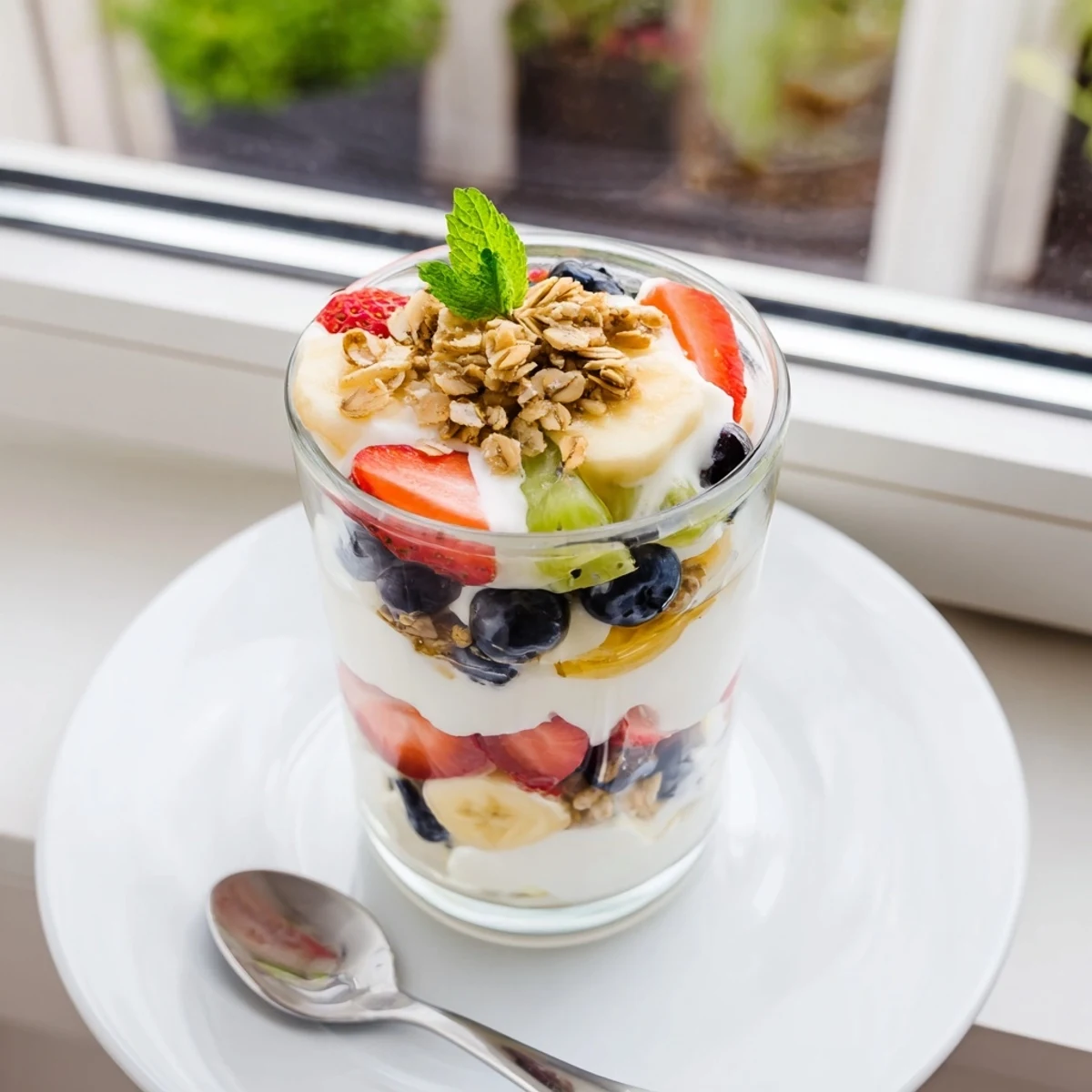 Glass parfait cup showing yogurt parfait recipe with fresh kiwi, banana, and crunchy granola topping