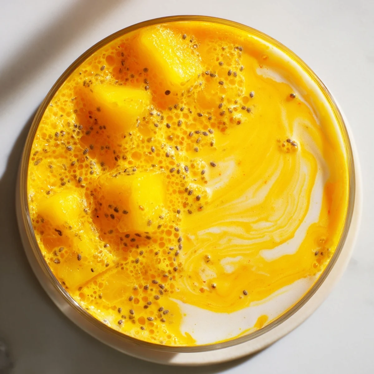 Thick creamy tropical pineapple mango smoothie recipe garnished with fresh fruit slices