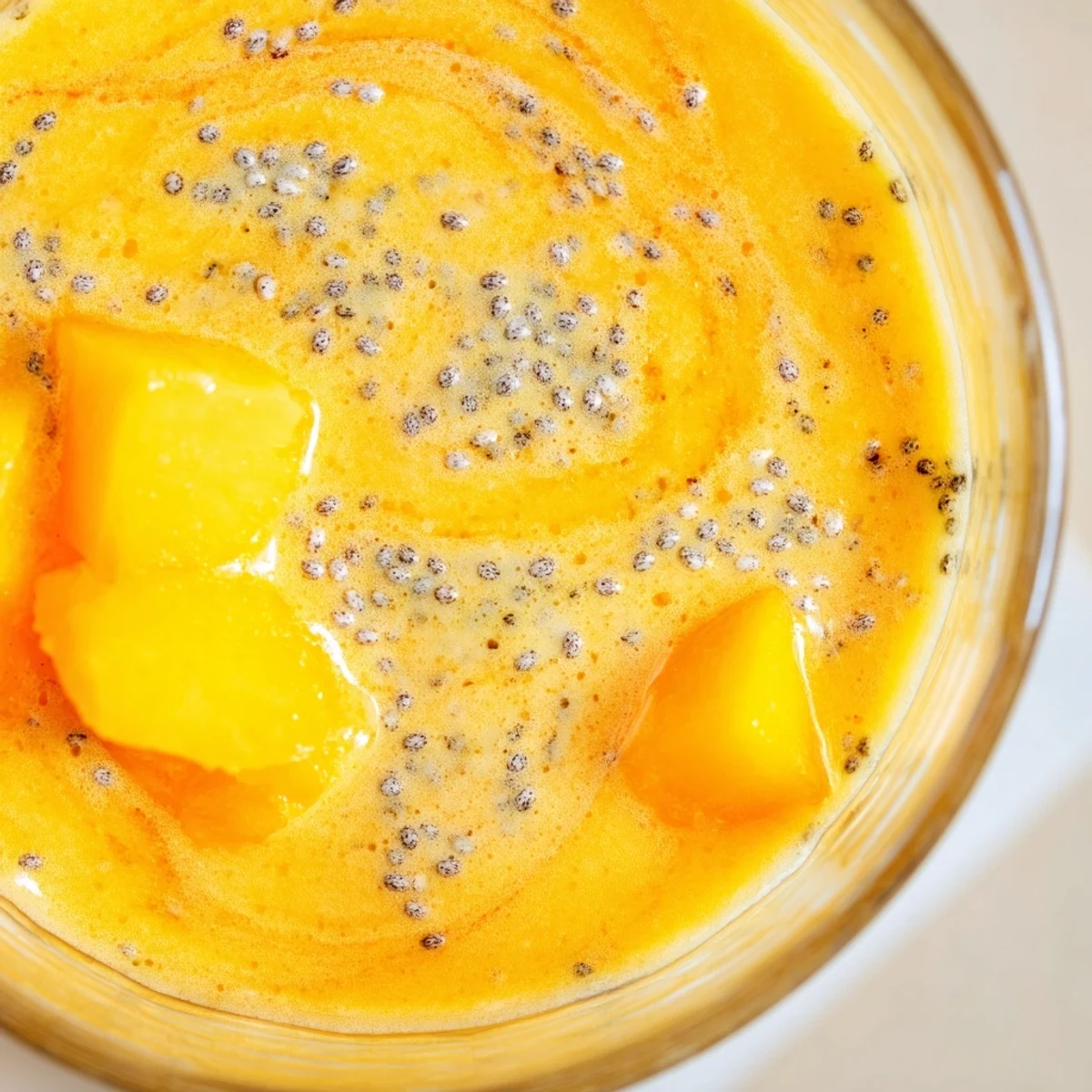 Golden yellow pineapple mango smoothie recipe served in tall glass with straw