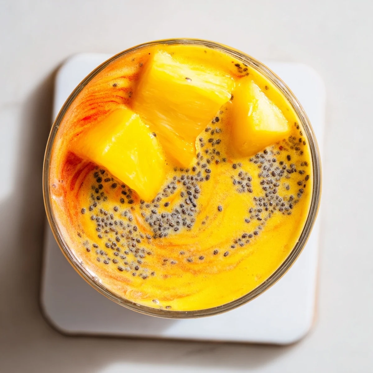 Refreshing blended pineapple mango smoothie recipe topped with chia seeds and tropical fruit