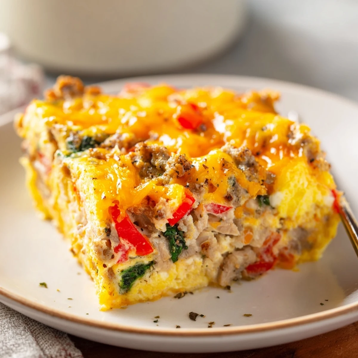 Warm High Protein Egg Casserole with golden cheesy top and spinach flecks