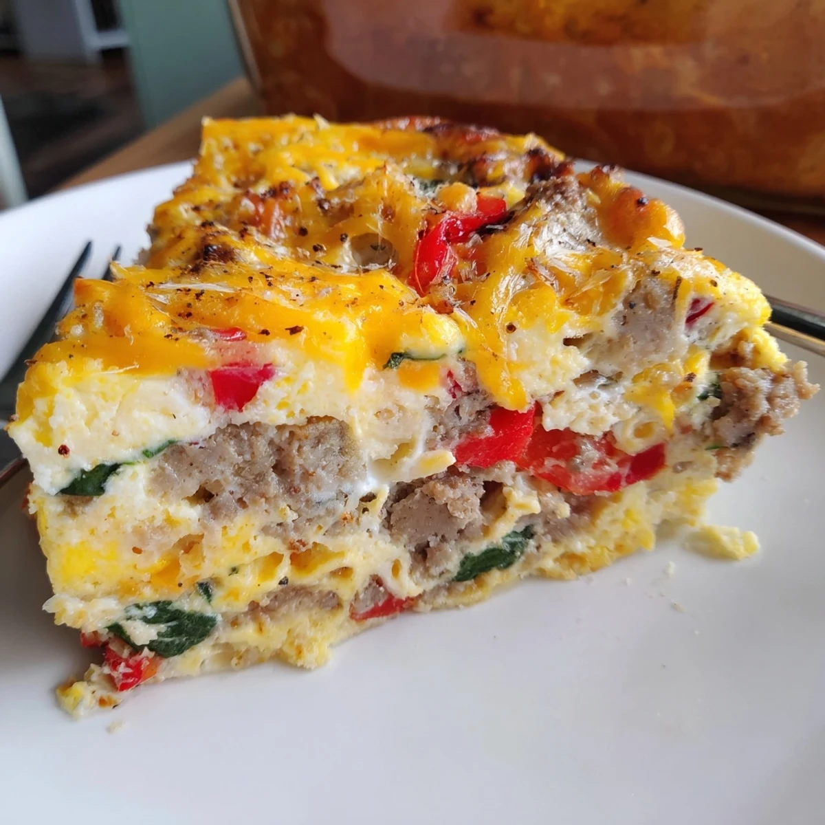 Baked High Protein Egg Casserole studded with turkey sausage, melted cheddar goodness
