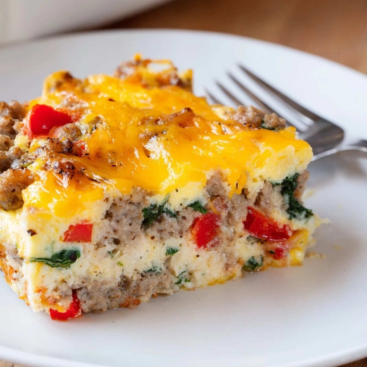 Sliced High Protein Egg Casserole on plate, steaming, served with salsa