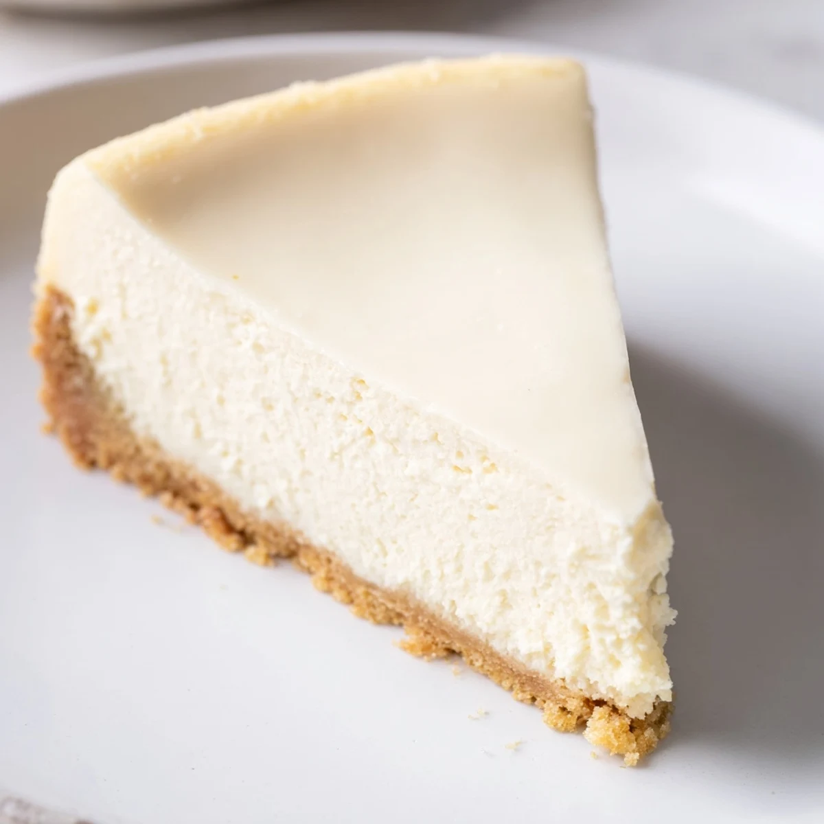 Slice of Classic Cheesecake on plate, creamy texture and lemon hint