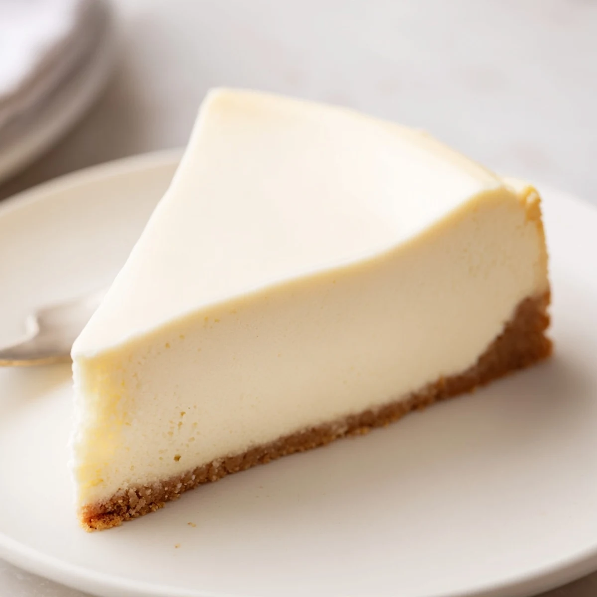 Homemade Classic Cheesecake chilled overnight, smooth top, served with berry compote