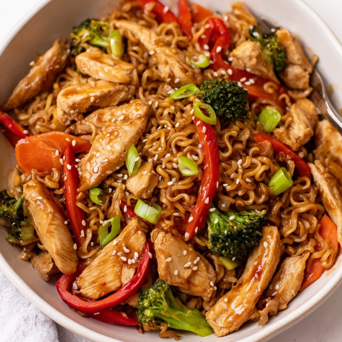Warm Chicken Ramen Stir Fry tossed in sesame sauce, garnished with green onions