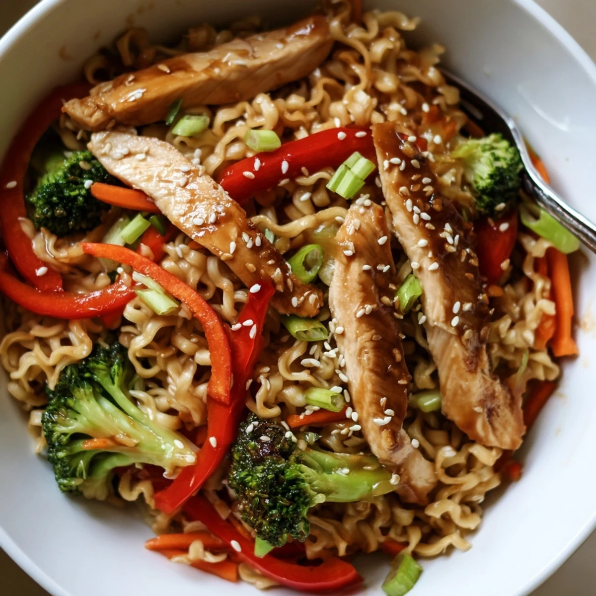 Chicken Ramen Stir Fry with glossy sauce, tender chicken and crisp vegetables
