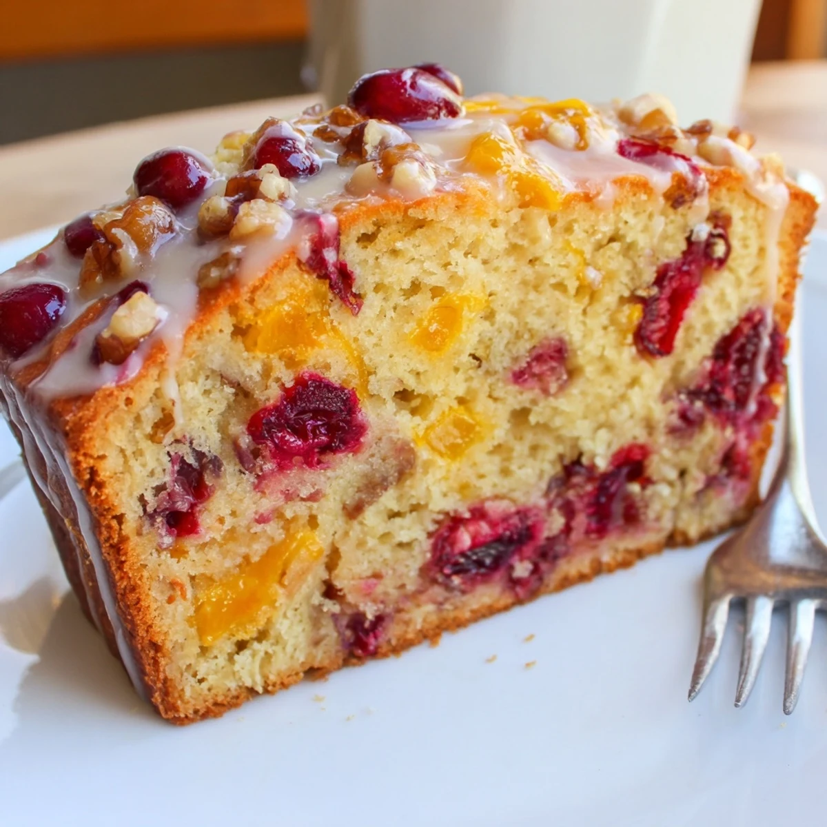 Loaf of Cranberry Orange Bread cooling, fragrant orange zest and crunchy nuts.
