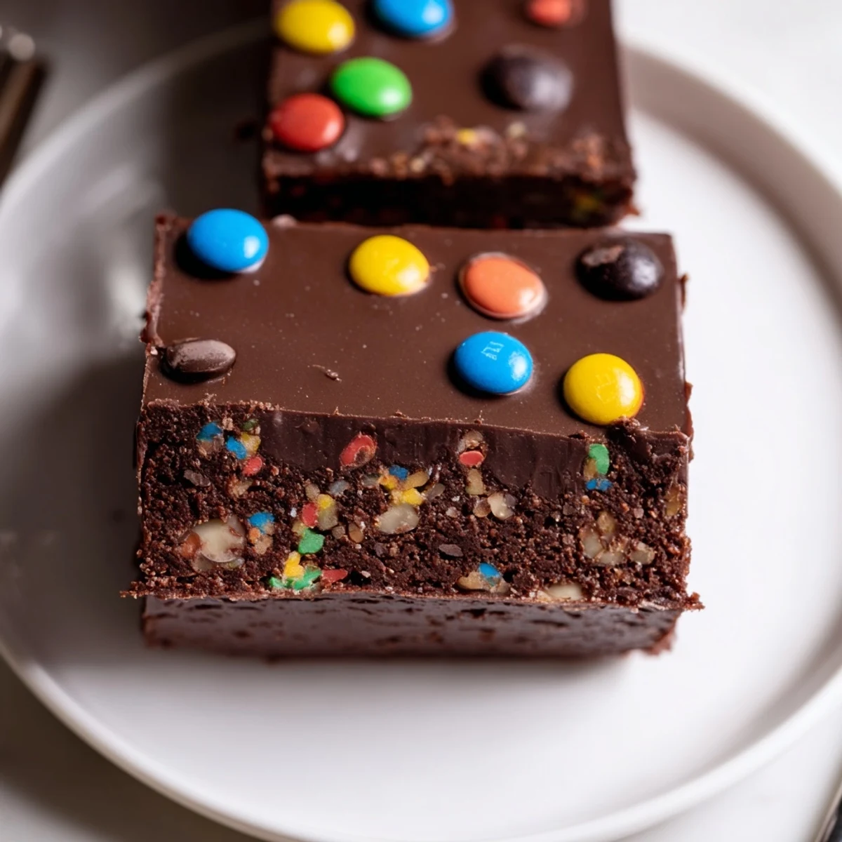 Gourmet Cosmic Brownies Bars with glossy chocolate ganache and candy coated chocolates