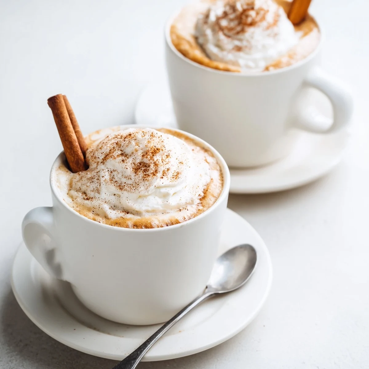 Steaming mugs of Cozy Winter Lattes with creamy froth and cinnamon stick
