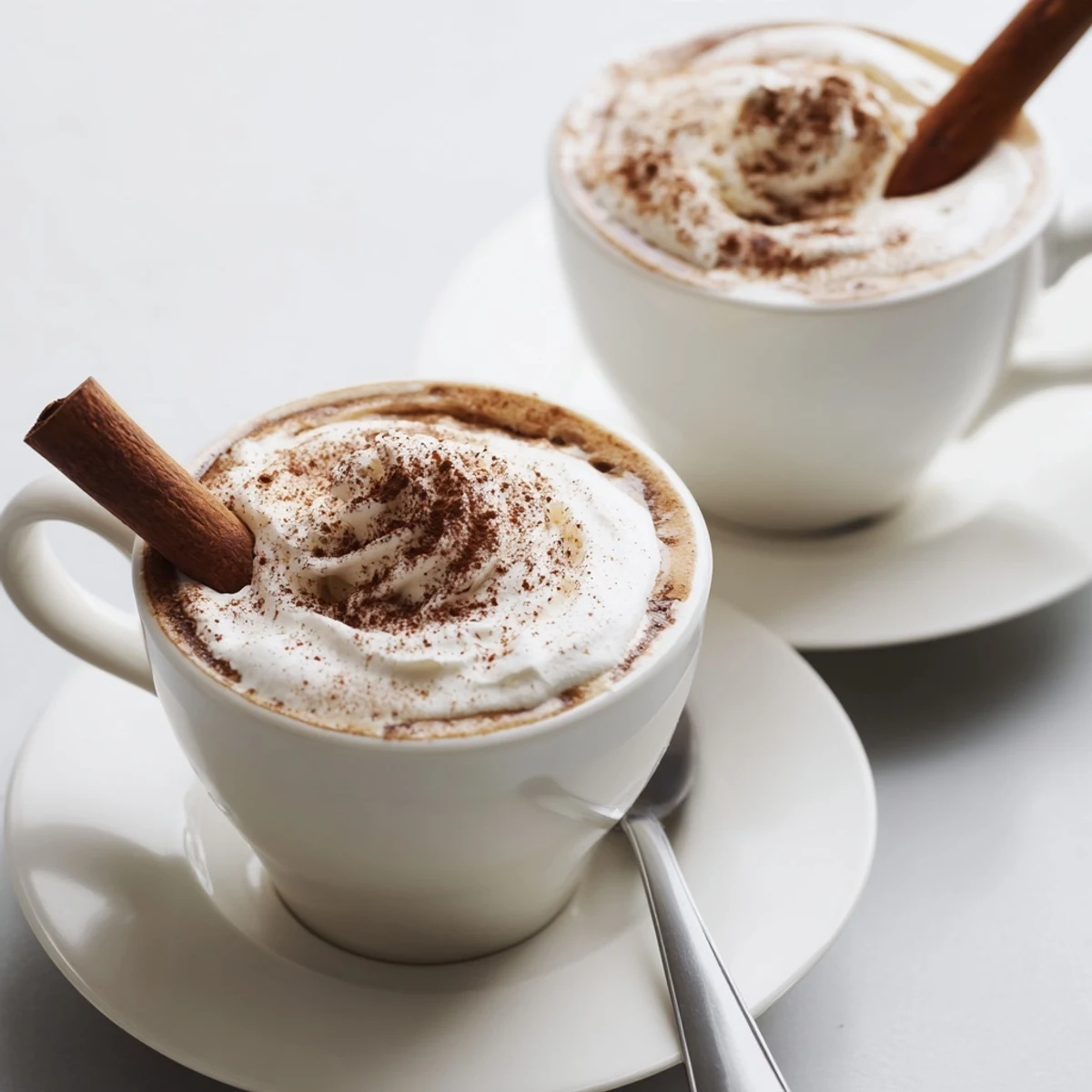 Two Cozy Winter Lattes served warm, maple sweetened and topped with whipped cream