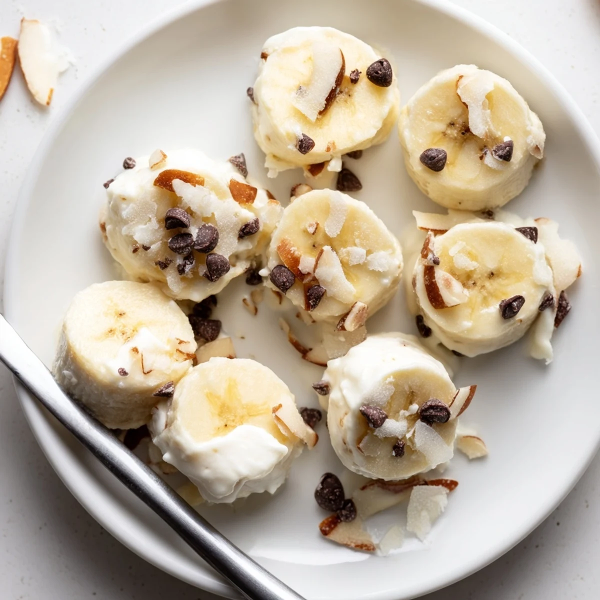 Frozen Banana Yogurt Bites arranged on parchment, creamy, icy, sprinkled with chocolate
