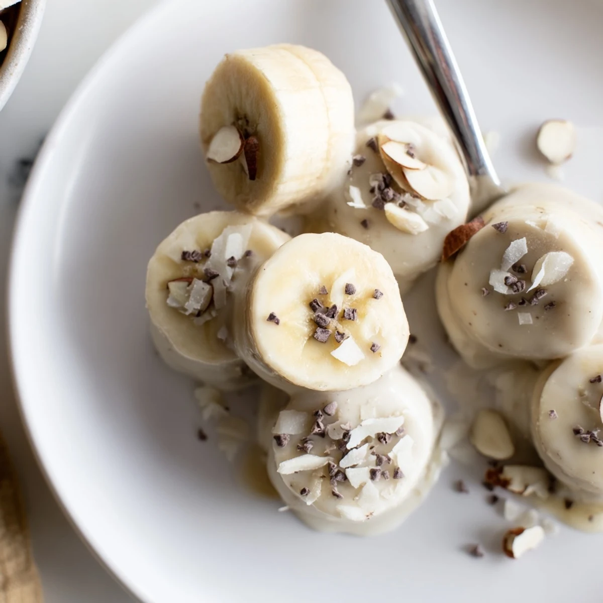 Bite-sized Frozen Banana Yogurt Bites glistening from freezer, easy healthy snack