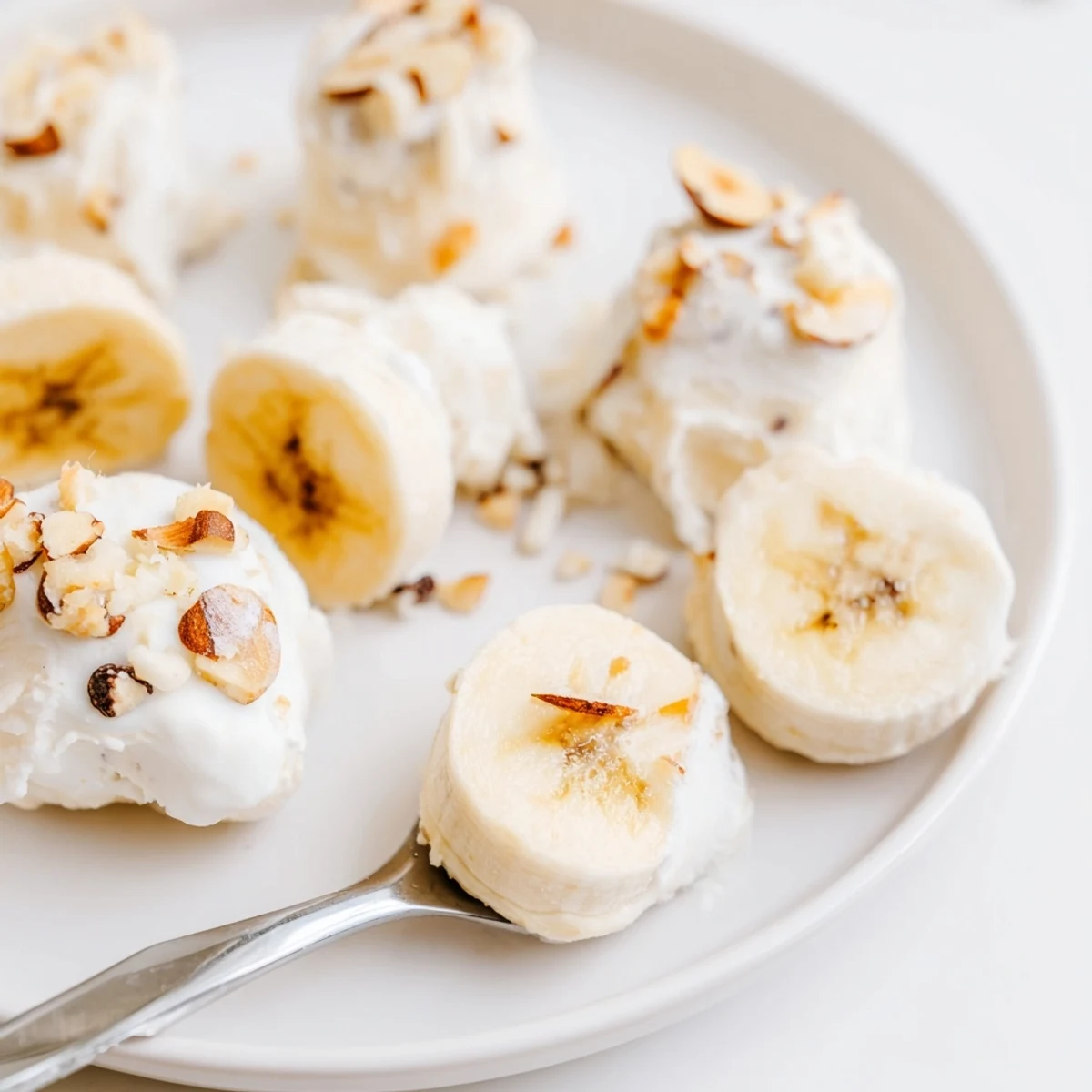 Creamy Frozen Banana Yogurt Bites on baking sheet, topped with chopped nuts