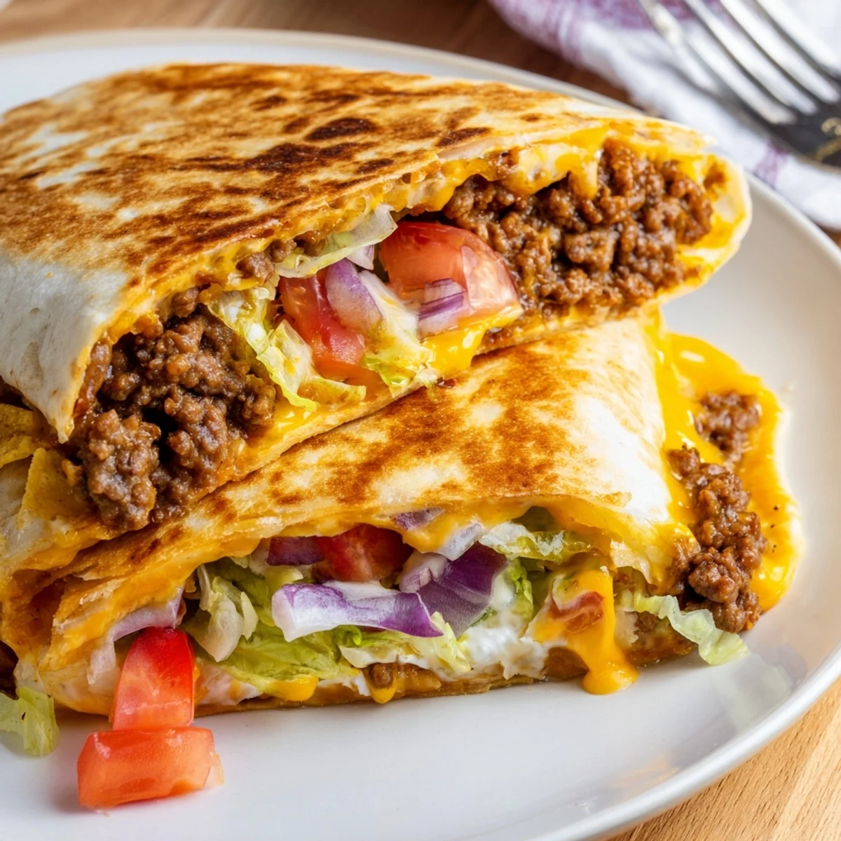 Golden toasted Ultimate Cheesy Beef Crunch Wraps oozing cheddar, crisp tortilla crunch