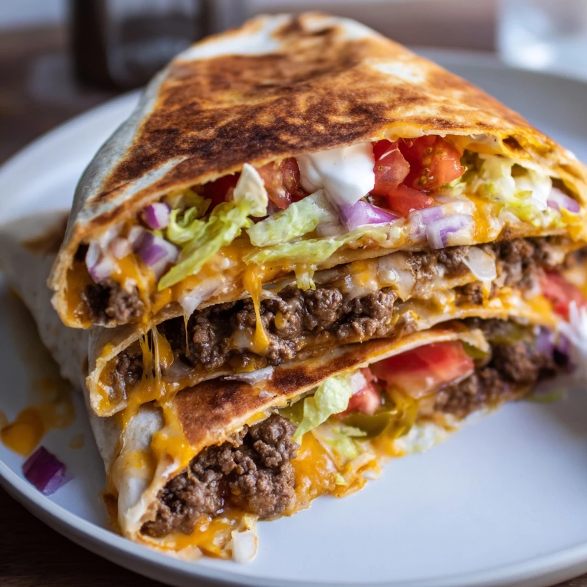 Warm Ultimate Cheesy Beef Crunch Wraps sliced in half, steaming with salsa