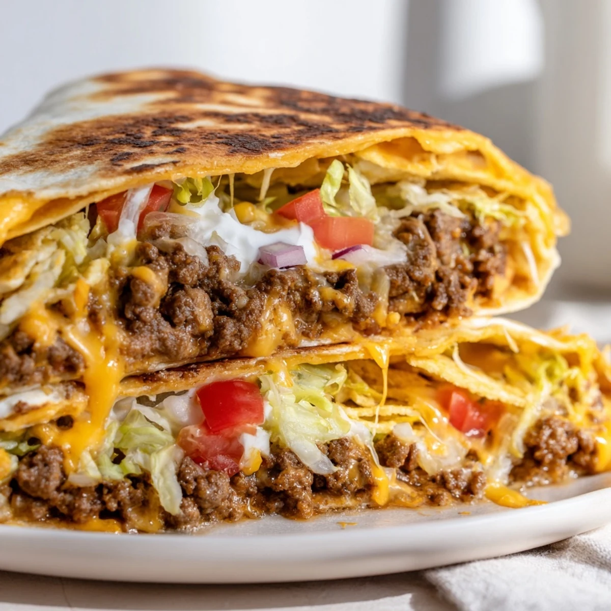 Handheld Ultimate Cheesy Beef Crunch Wraps served with cool sour cream and guacamole