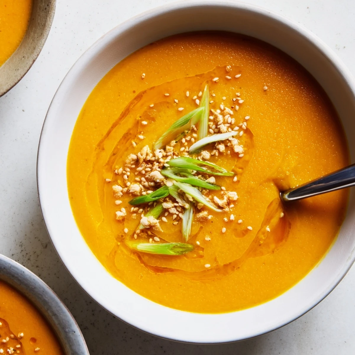 Bowl of Carrot Ginger Miso Soup Recipe, pureed carrots with toasted sesame