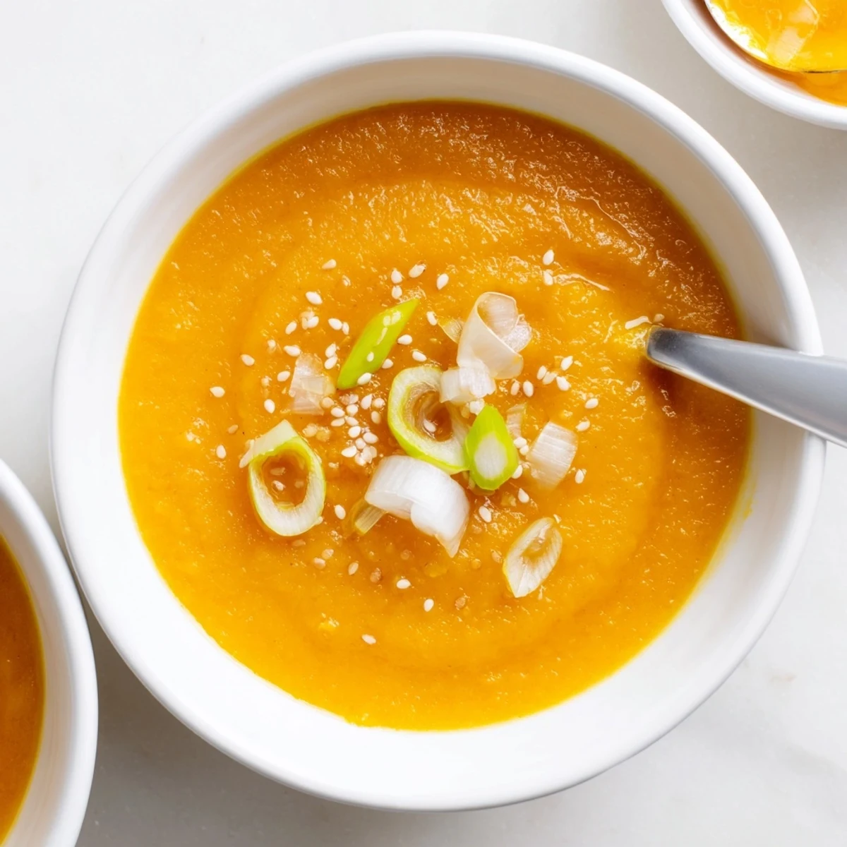Steaming Carrot Ginger Miso Soup Recipe served with crusty bread and scallions