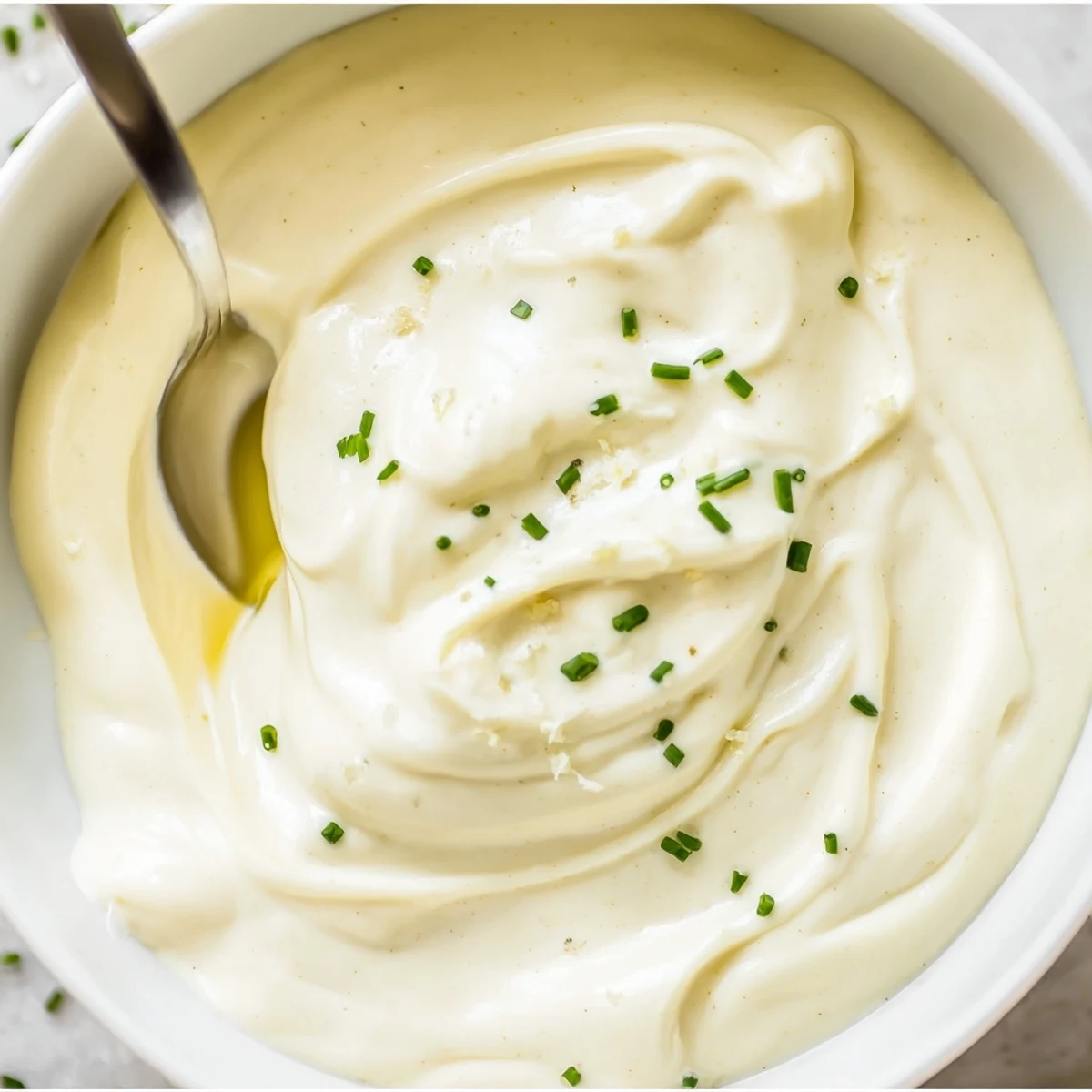 Chilled Creamy Tangy Sauce spooned beside veggie sticks, garlicky aroma, smooth consistency