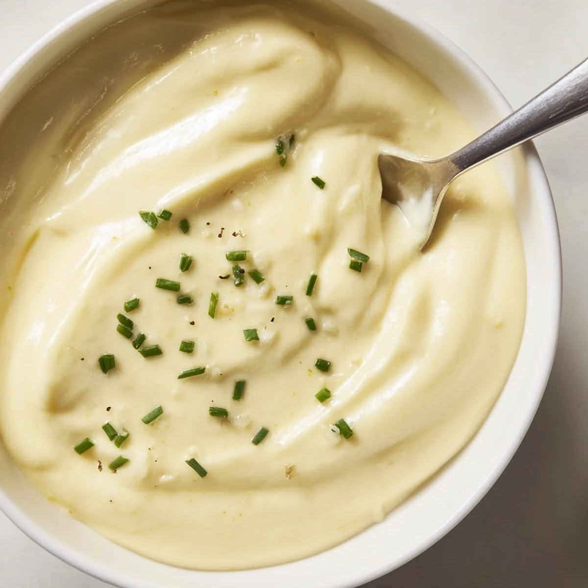 Bright Creamy Tangy Sauce drizzled over roasted vegetables, flecks of herbs  