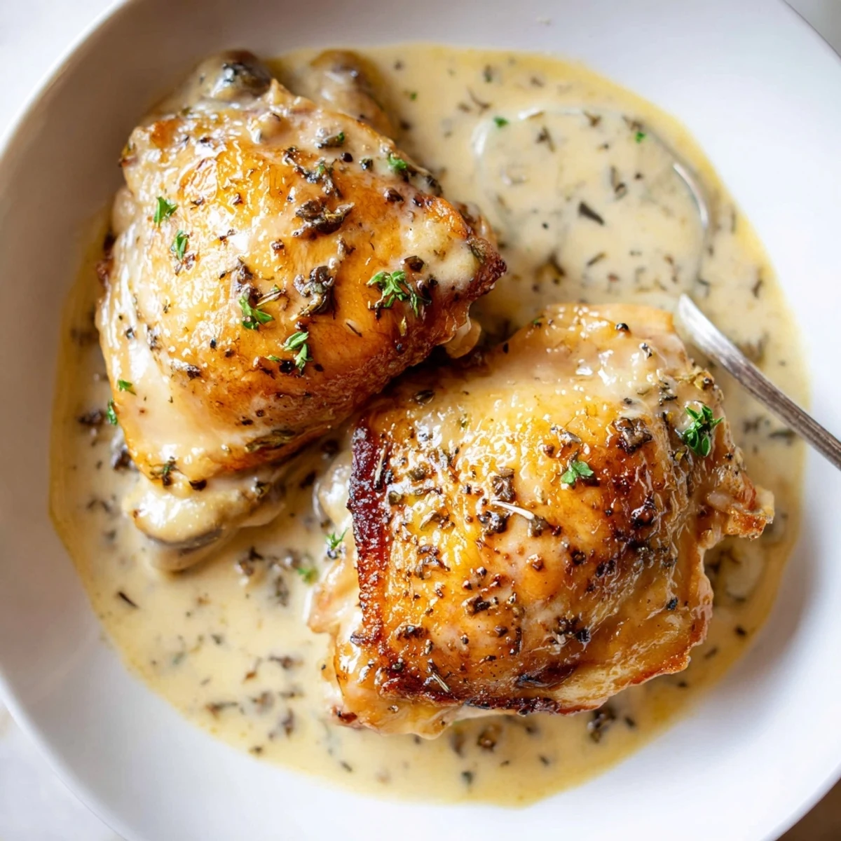 Sear-crisped skin over herb-flecked cream: Creamy Garlic Chicken Thighs With Herbs