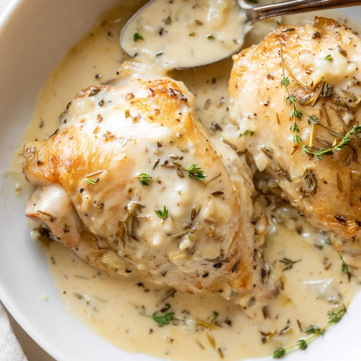 Pan-seared Creamy Garlic Chicken Thighs With Herbs resting atop creamy mashed potatoes
