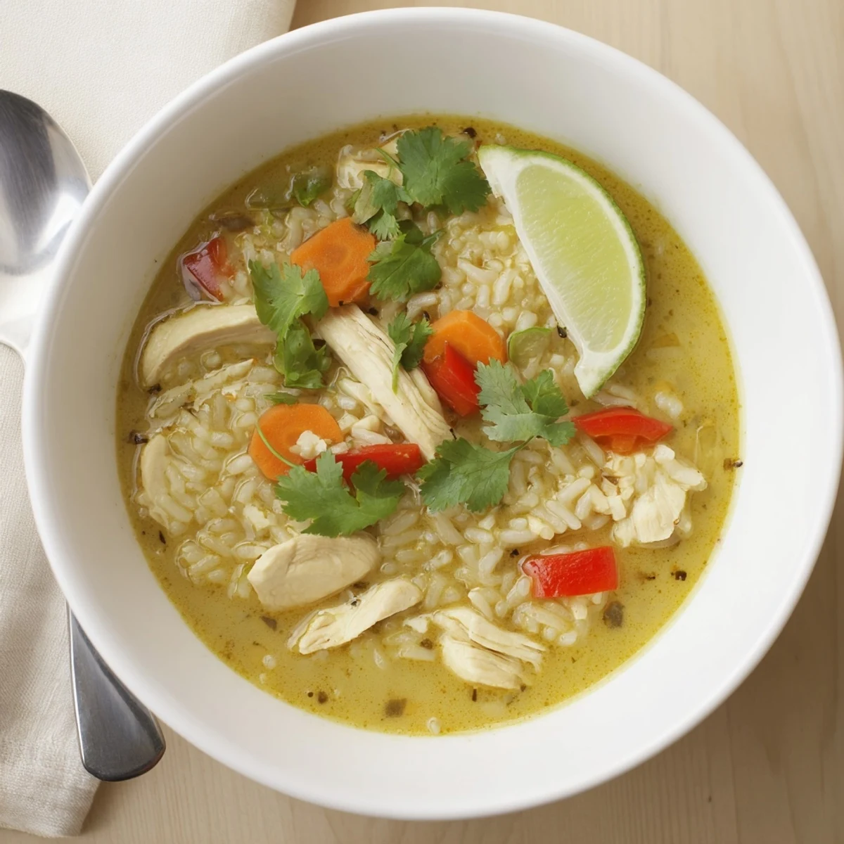 Golden Coconut Chicken Rice Soup steaming in a bowl, creamy turmeric aroma  