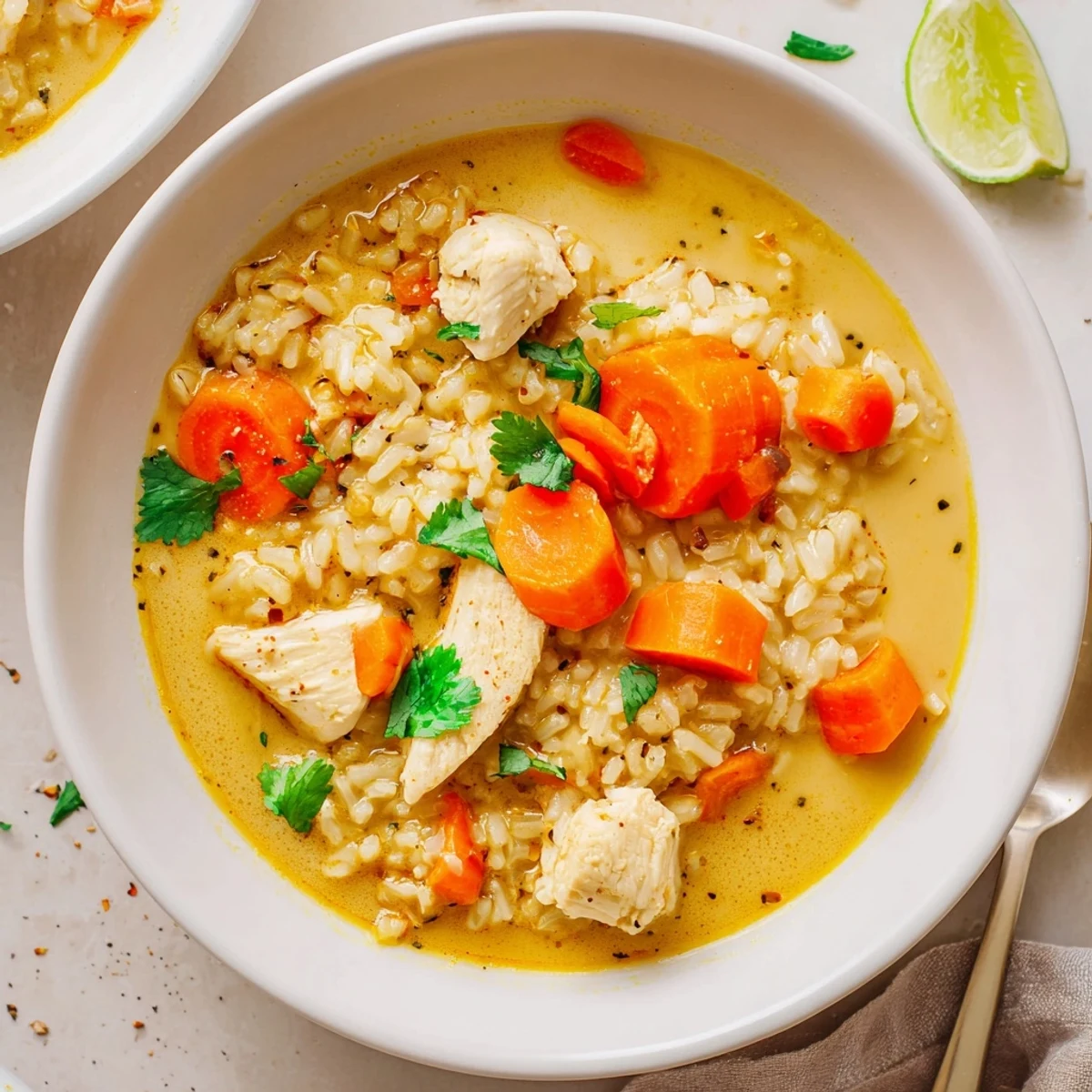 Bowl of Golden Coconut Chicken Rice Soup garnished with cilantro and lime  