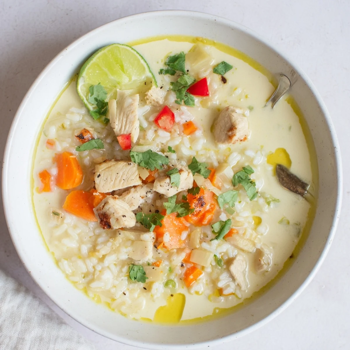 Comforting Golden Coconut Chicken Rice Soup with tender chicken, silky coconut broth