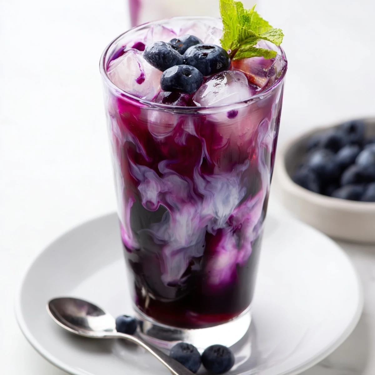 Blueberry Milk Tea Cooler poured over ice, creamy purple hue, mint garnish