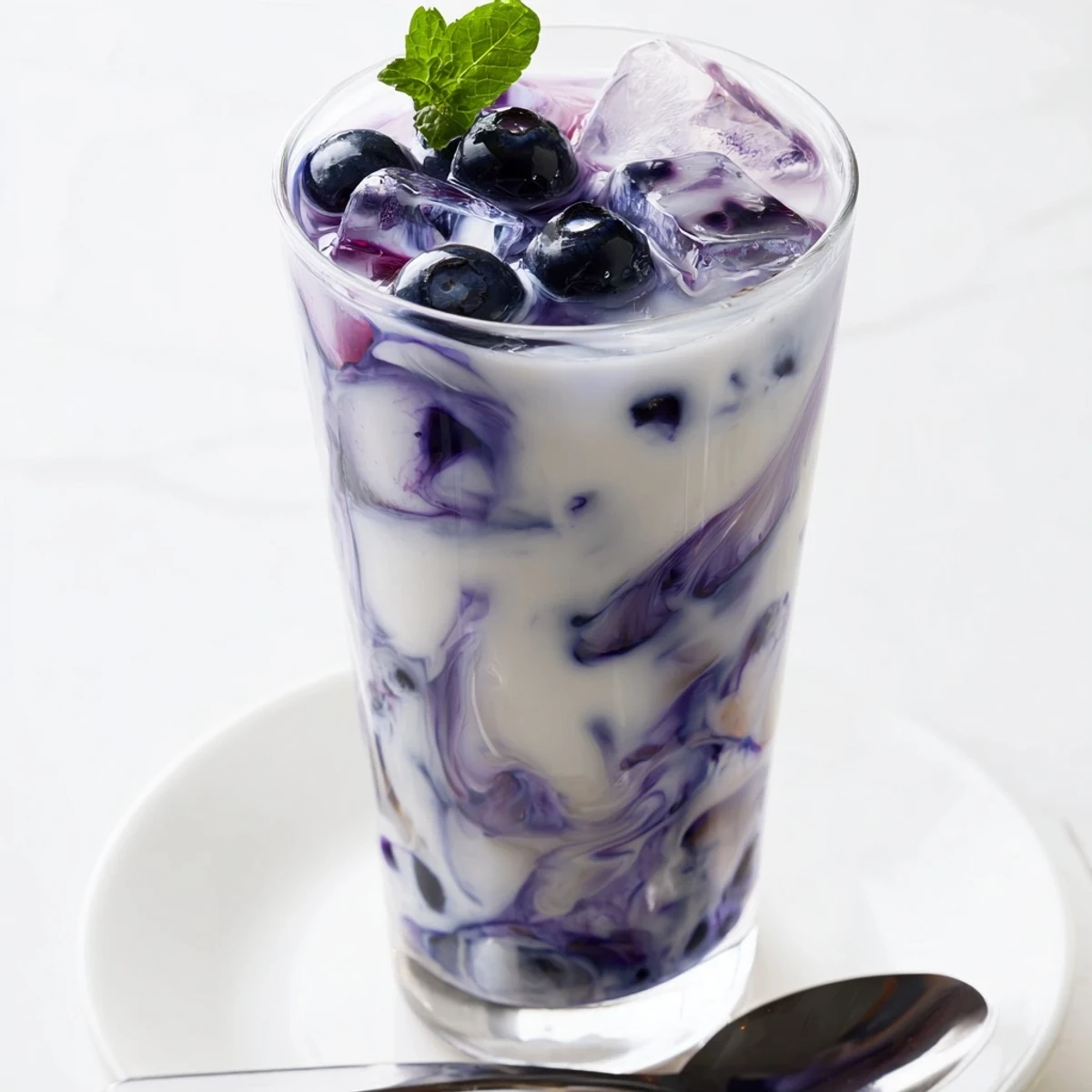 Chilled Blueberry Milk Tea Cooler with sweet tart syrup and fresh blueberries
