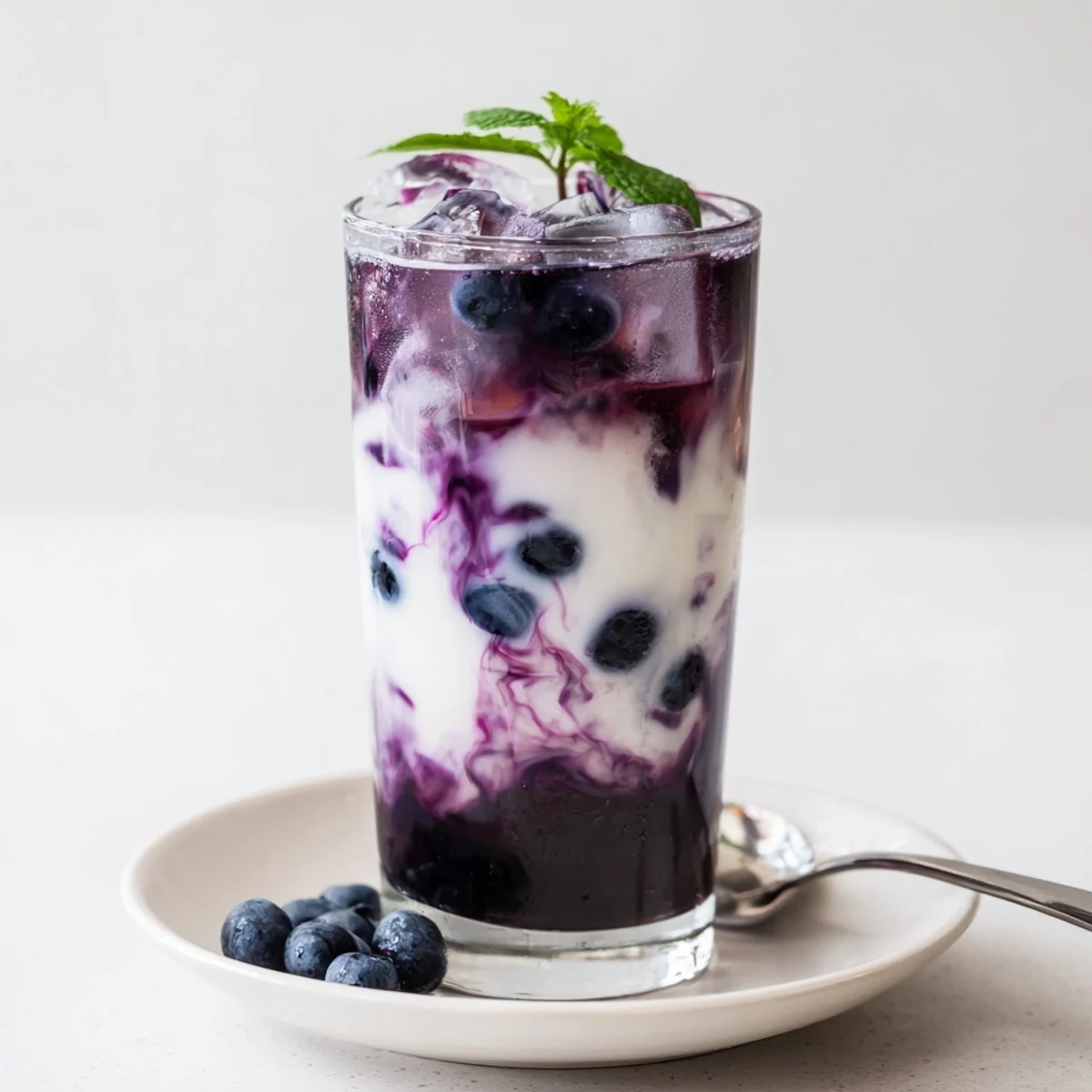 Two tall glasses of Blueberry Milk Tea Cooler, silky texture, subtle tea aroma