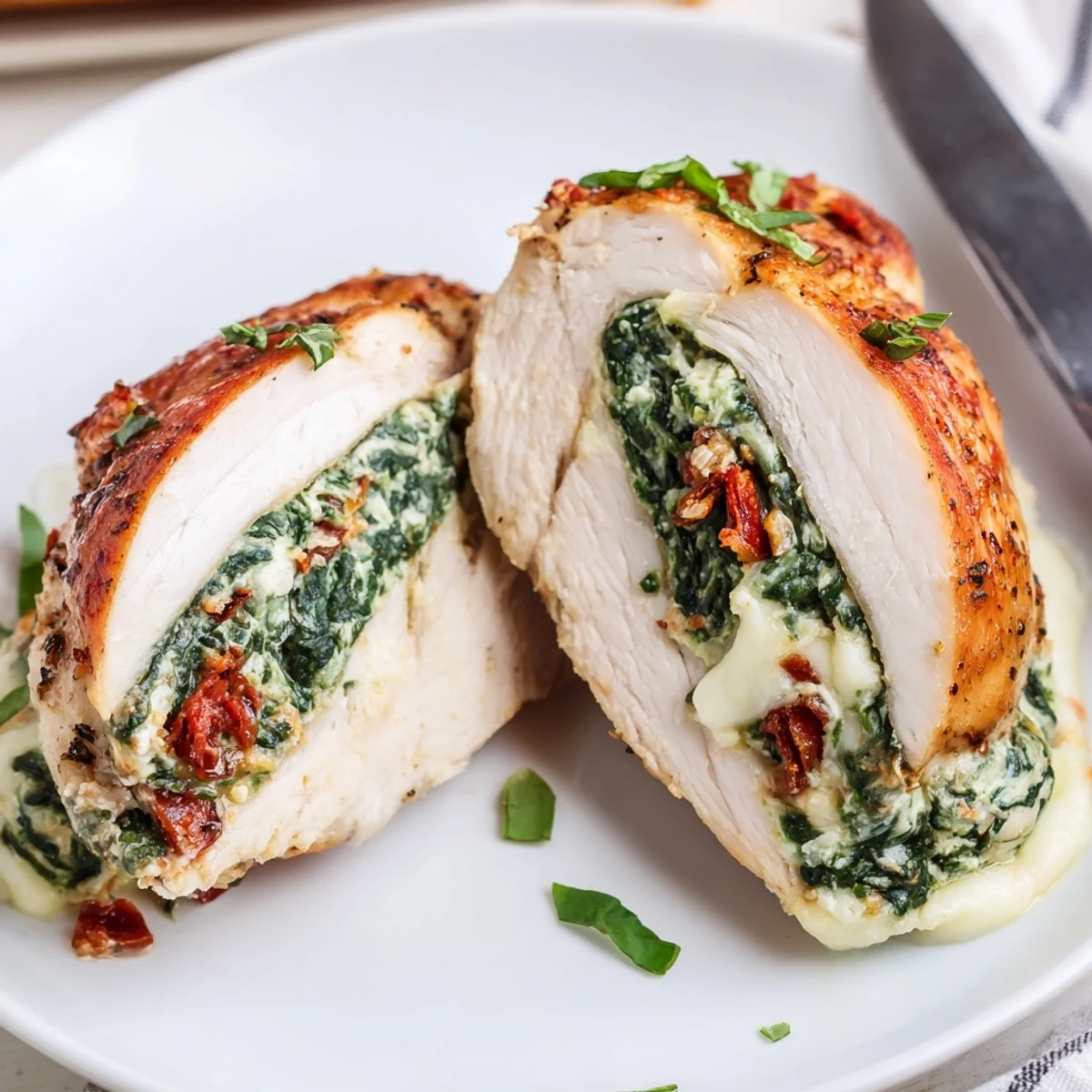 Golden seared Cheesy Spinach Stuffed Chicken Sun Dried Tomato Flavor, oozing mozzarella.