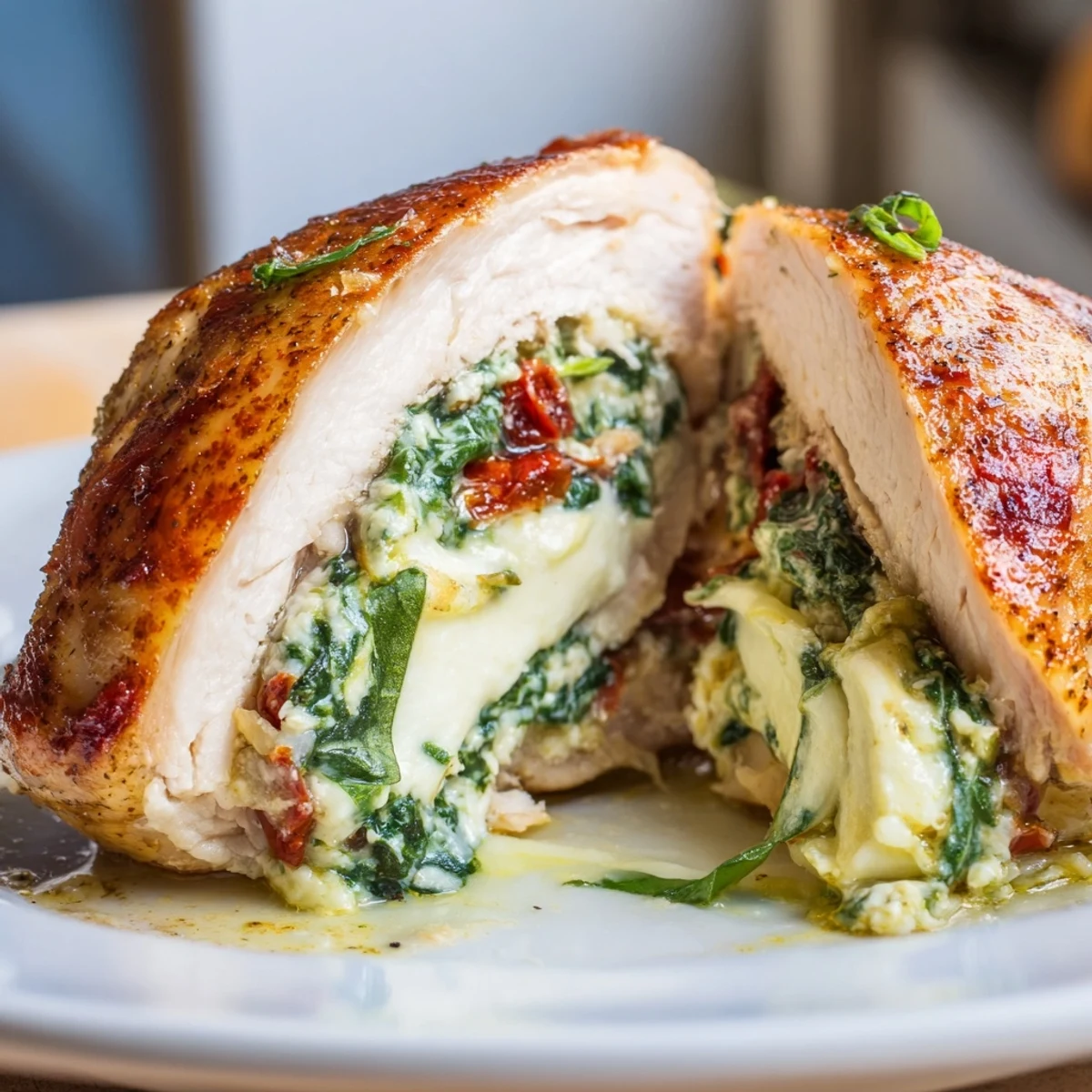 Serve Cheesy Spinach Stuffed Chicken Sun Dried Tomato Flavor with lemony roasted potatoes.